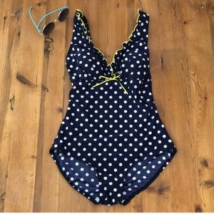 Navy and White Polkadot Gabar Swimsuit with Yellow